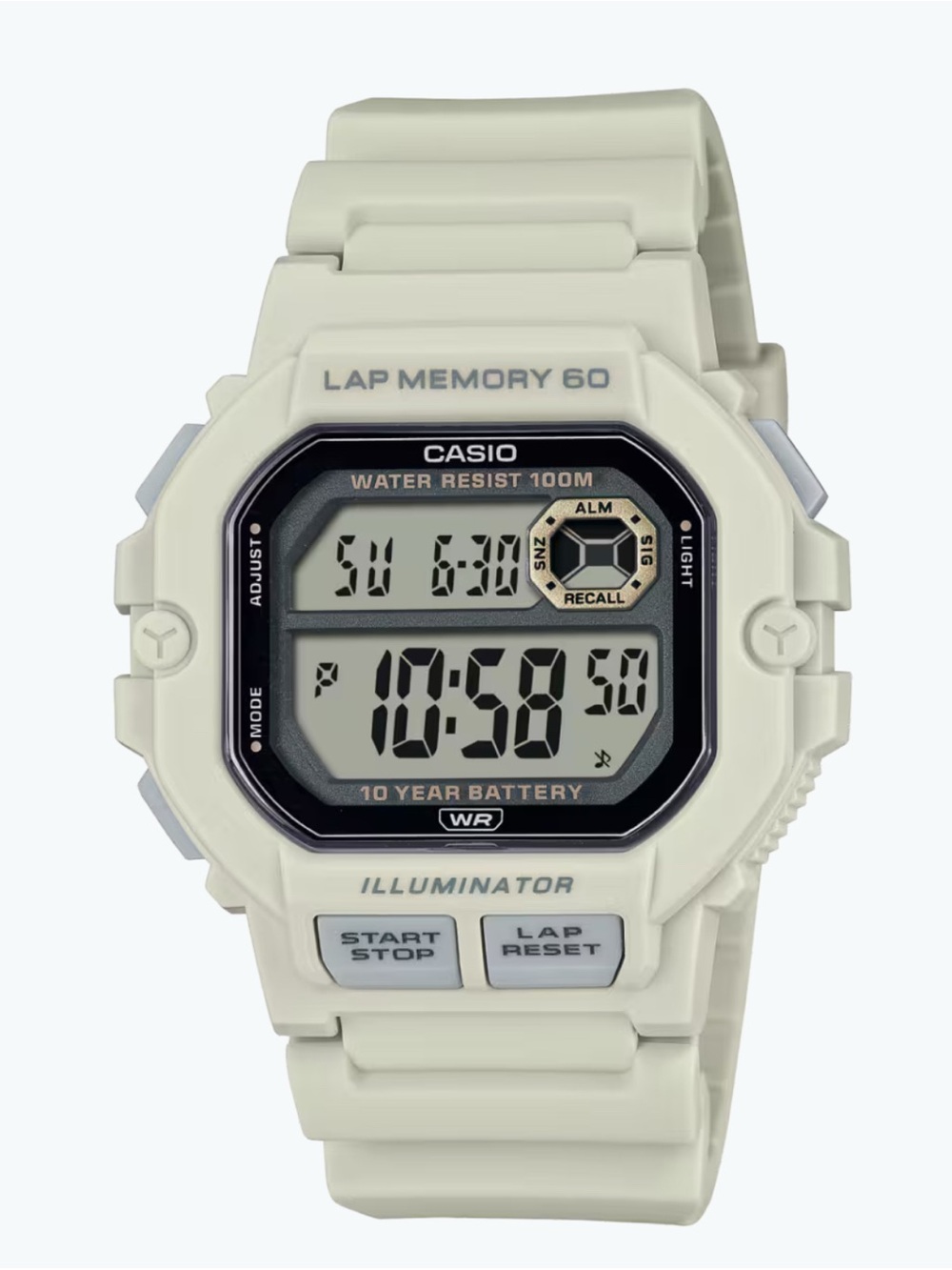 Casio Men's Watch Alarm Grey Digital Dial Off White Resin Strap WS-1400H-8AVCF